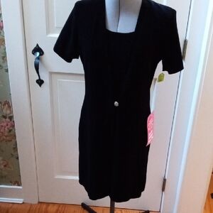 Black Velveteen Look  Sz.10 Knee Length Dress W/Decorative Button
